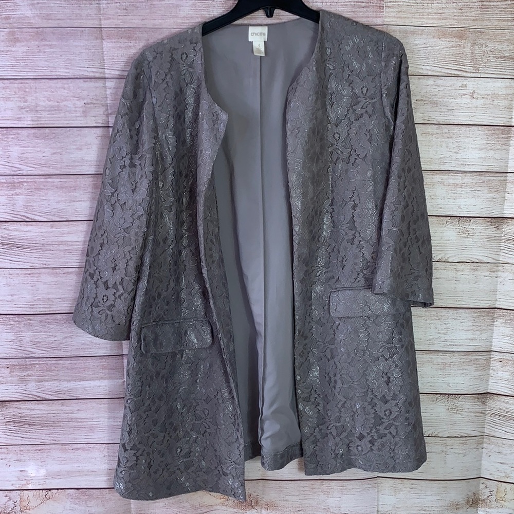 Chico’s Gray Open Front Lace Topper Jacket Size 3